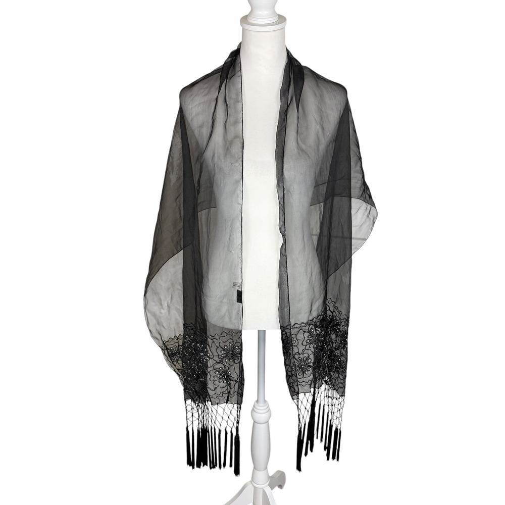 Cejon Black Sheer Beaded Floral Evening Wrap Shawl with Long Macrame Fringe